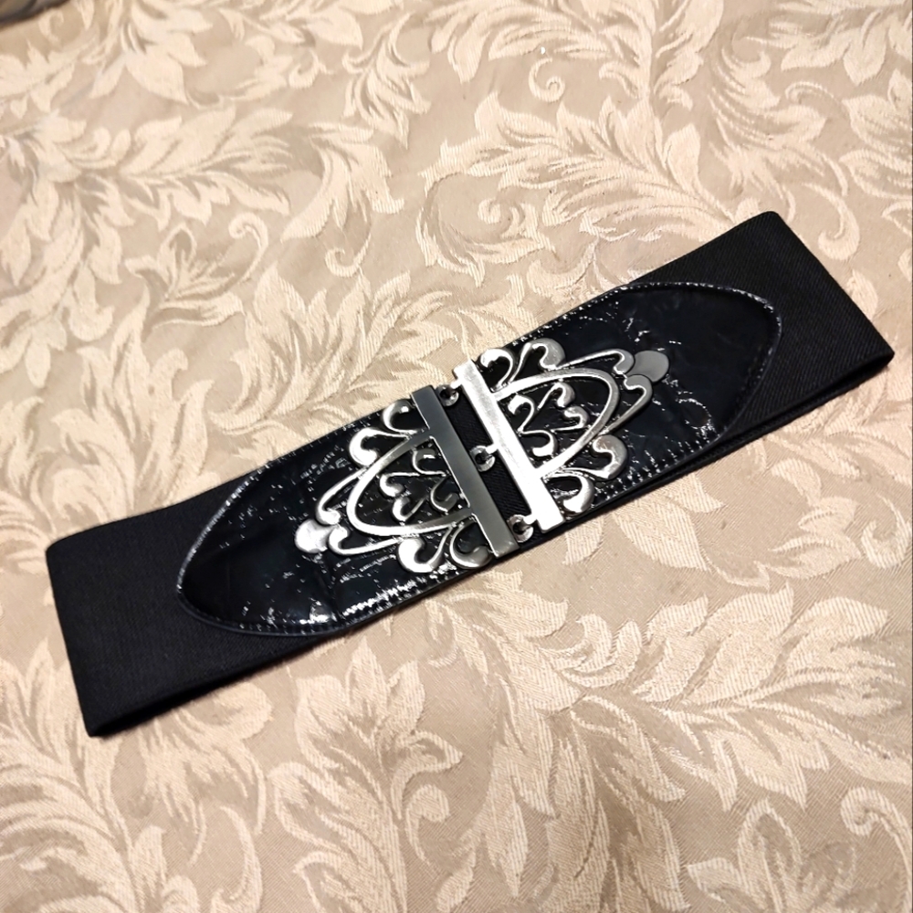 🐈‍⬛🖤🐈‍⬛ Sexy Sultry Elaborate Scrolled Wide Silver & Black Stretch Belt - M/L - Picture 2 of 10